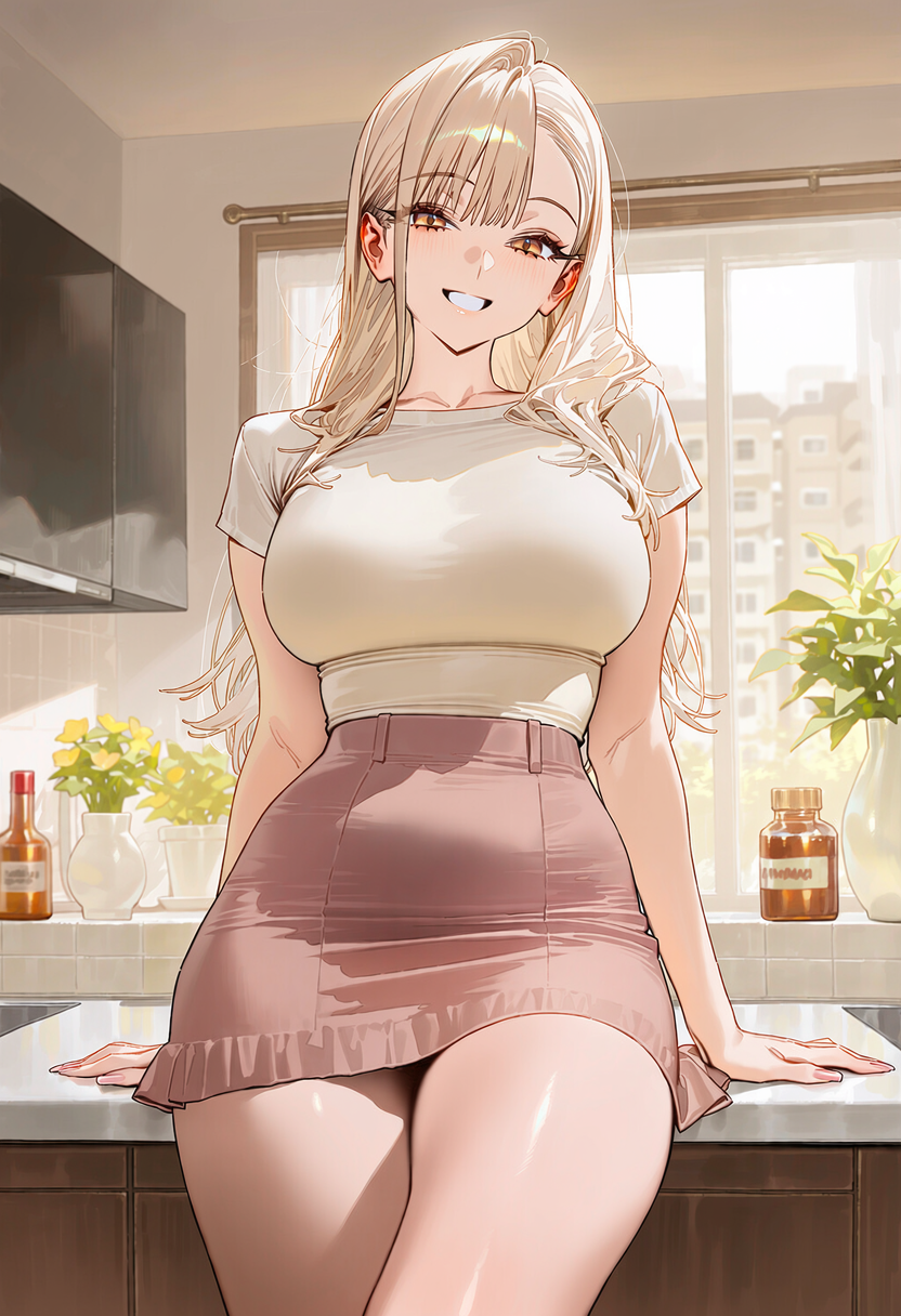 따뜻한 주방 카운터에 앉아 장난스럽게 웃는 차유리