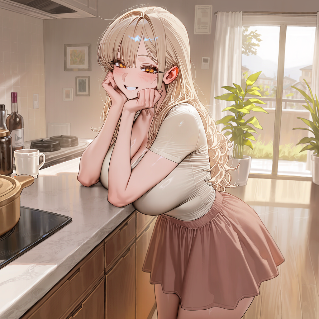 주방 카운터에 팔을 괴고 편안하게 말을 건네는 유리