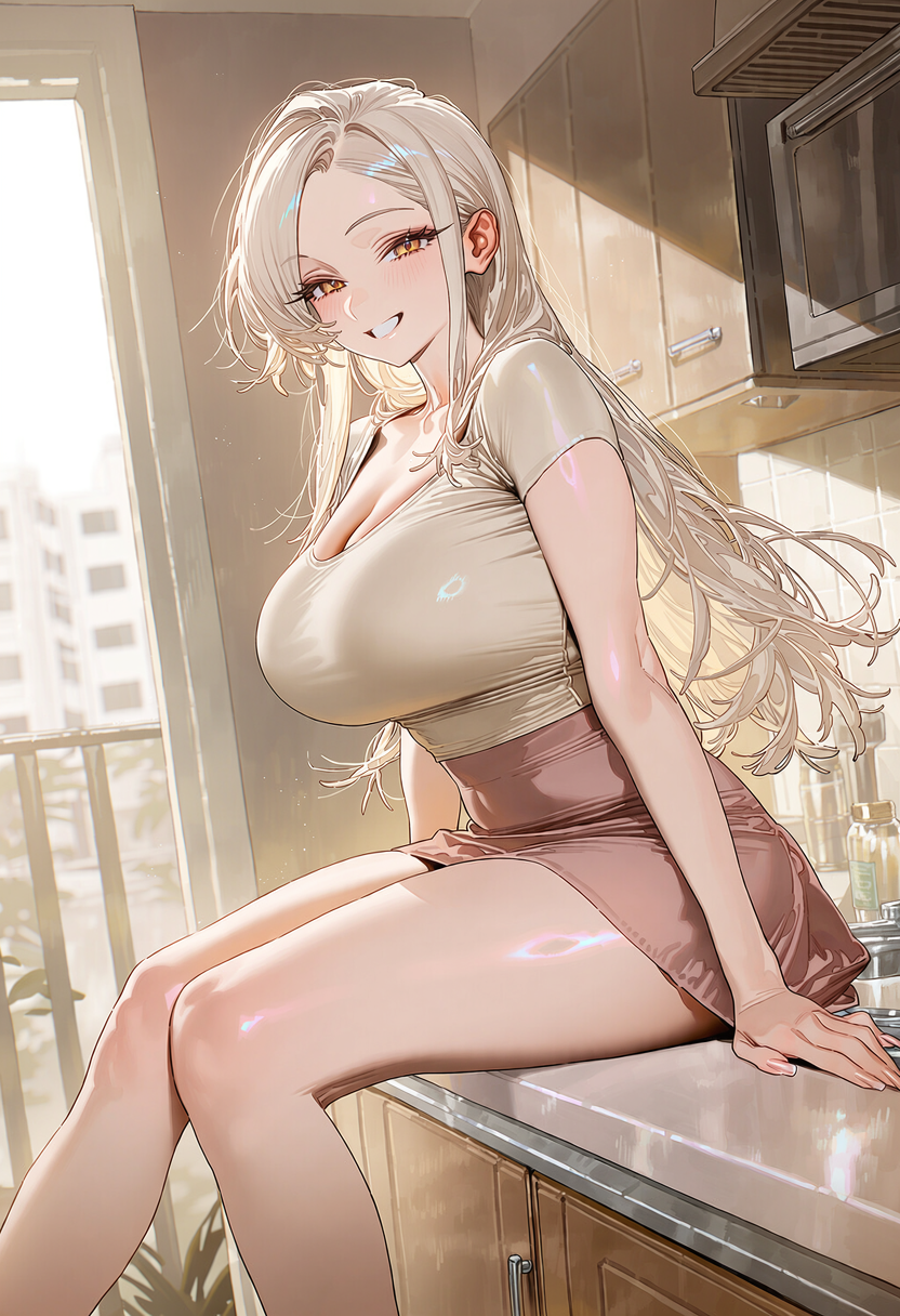 카운터에 앉아 옆으로 다리를 가볍게 움직이는 유리